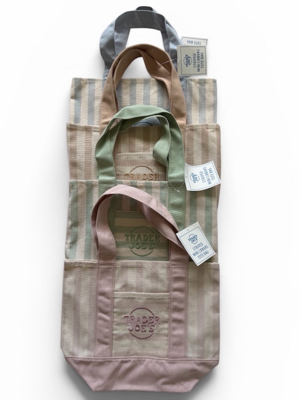 BNWT - Trader Joe's Striped Canvas Tote - Set of four - pink, green, blue, tan